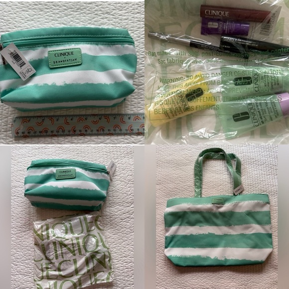 Clinique Mint Green and White Tote with makeup bag and 7 travel sized essentials - Picture 1 of 14